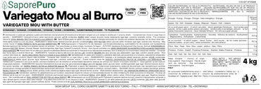 Variegato Mou al burro SaporiPuro per gelato, caramello, 4 kg, etichetta con prodotto e dettagli della marca GelatoStore