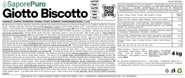 Etichetta del biscotto Giotto Biscotto SaporePuro, pasta per gelato della GelatoStore, 4 kg con dettagli sul packaging.