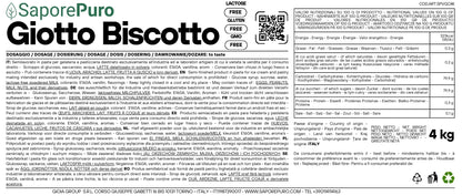 Etichetta del biscotto Giotto Biscotto SaporePuro, pasta per gelato della GelatoStore, 4 kg con dettagli sul packaging.