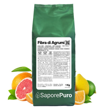 Fibra di agrumi SaporePuro, addensante clean label per gelato senza E, visibile come polvere arancione in confezione.