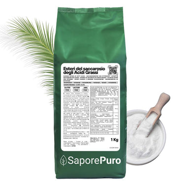 Esteri del Saccarosio Sucresteri E473, ingrediente per cucina e forno, confezione con etichetta SaporePuro, vista frontale.