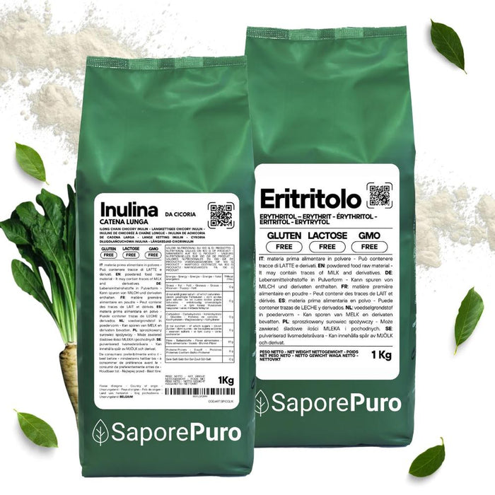Kit benessere con 1kg di inulina a catena lunga e 1kg di eritritolo, fibra naturale di SaporePuro, ideale per la salute digestiva