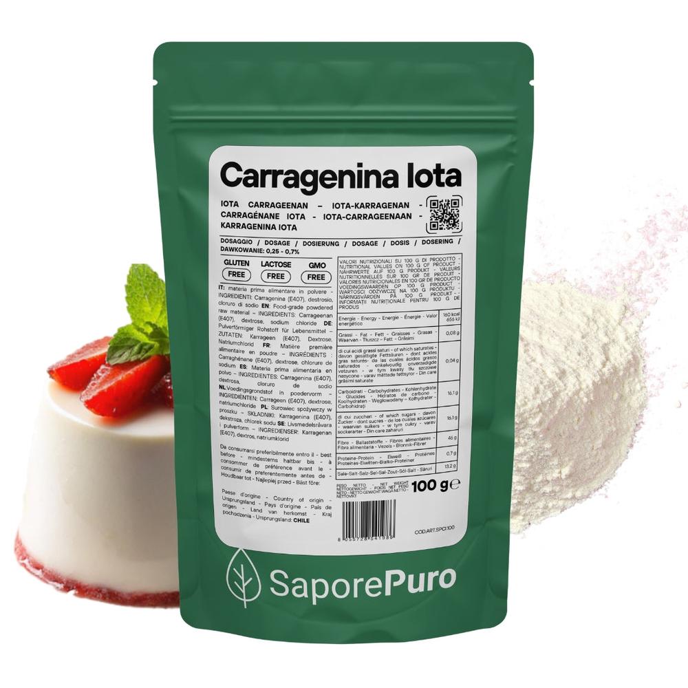 SaporePuro Carragenina Iota E407 gelifying agent in a sealed package, used for culinary and food thickening applications.