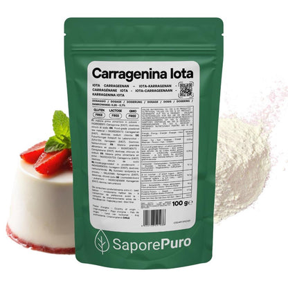 SaporePuro Carragenina Iota E407 gelifying agent in a sealed package, used for culinary and food thickening applications.