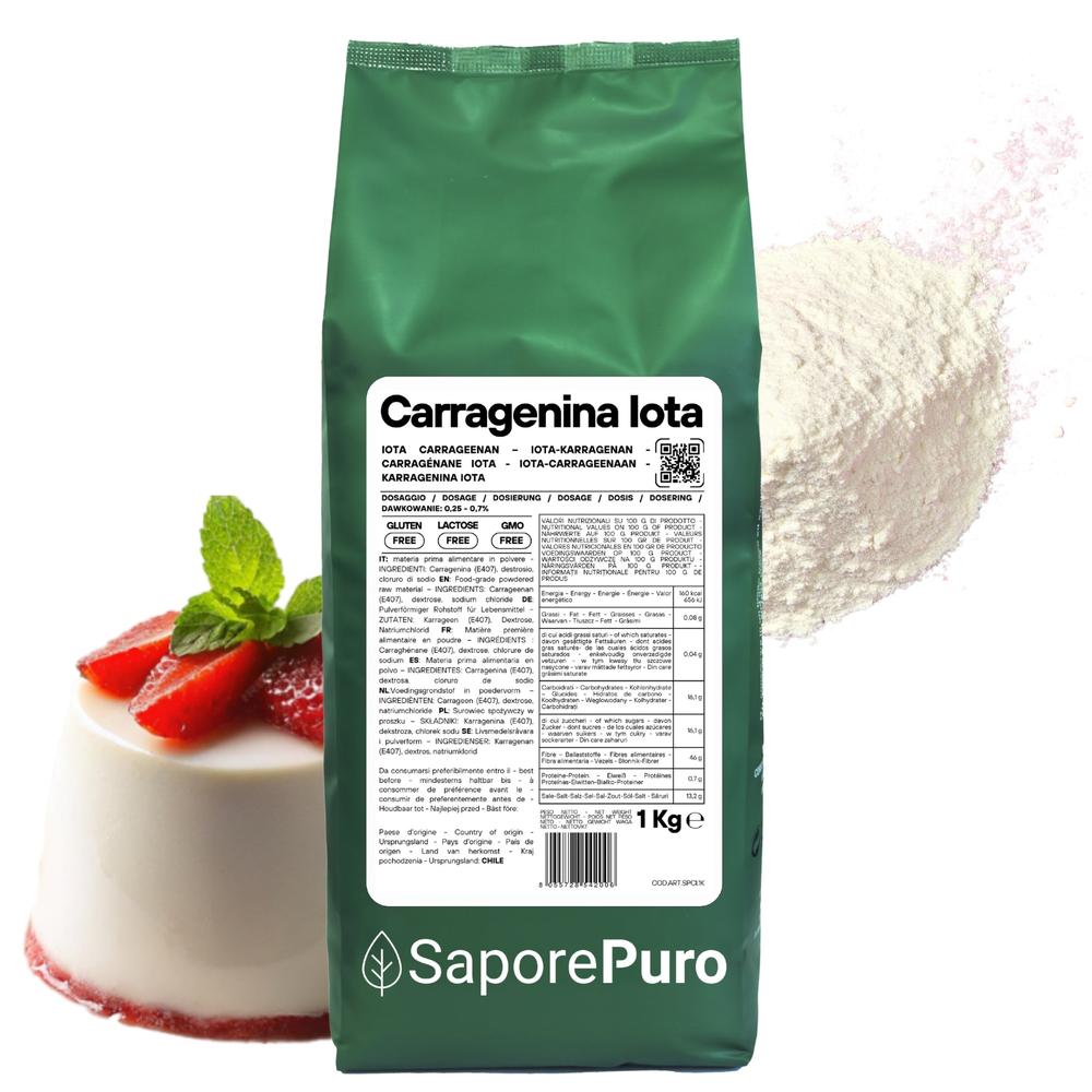SaporePuro Carragenina Iota E407 gelificante elastico, close-up of white powdered carrageenan for food thickening and gelling.