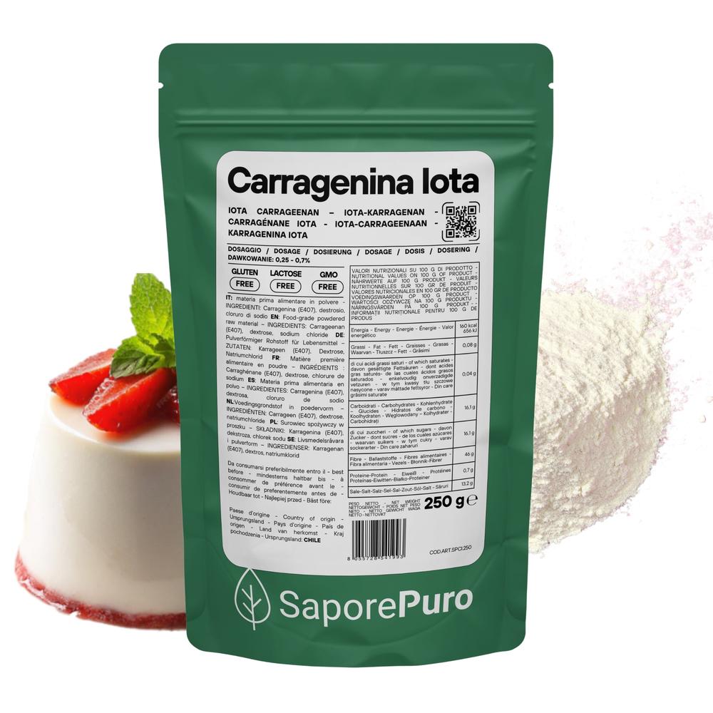 SaporePuro Carragenina Iota E407 gelifying agent in a clear powder, used for thickening and stabilizing food products.