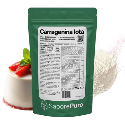 SaporePuro Carragenina Iota E407 gelifying agent in a clear powder, used for thickening and stabilizing food products.