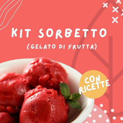 Kit Sorbetto by SaporePuro, artisanal fruit gelato prep with fiber, includes recipe booklet, perfect for homemade gelato.