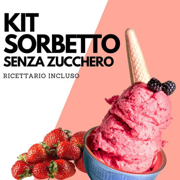 Kit di ingredienti SaporePuro per sorbetti senza zucchero, con ricette, include frutta e componenti per preparare dessert naturali.