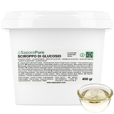 Sciroppo di glucosio liquido 60DE SaporePuro, ingrediente per pasticceria e cucina, bottiglia da 400g.