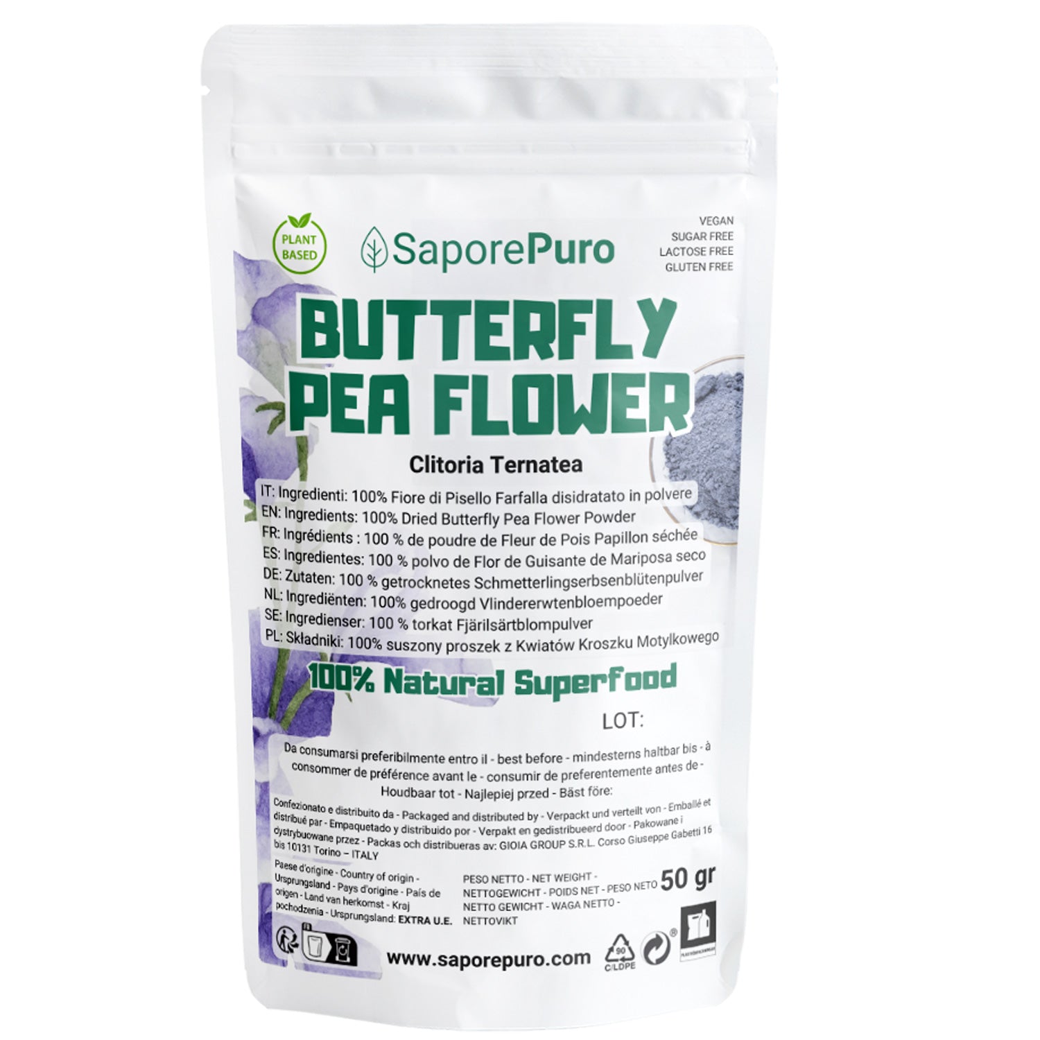Polvere di Pisello Farfalla - Butterfly Pea Flower - Colorante naturale - Tè antiossidante - 50gr - SaporePuro