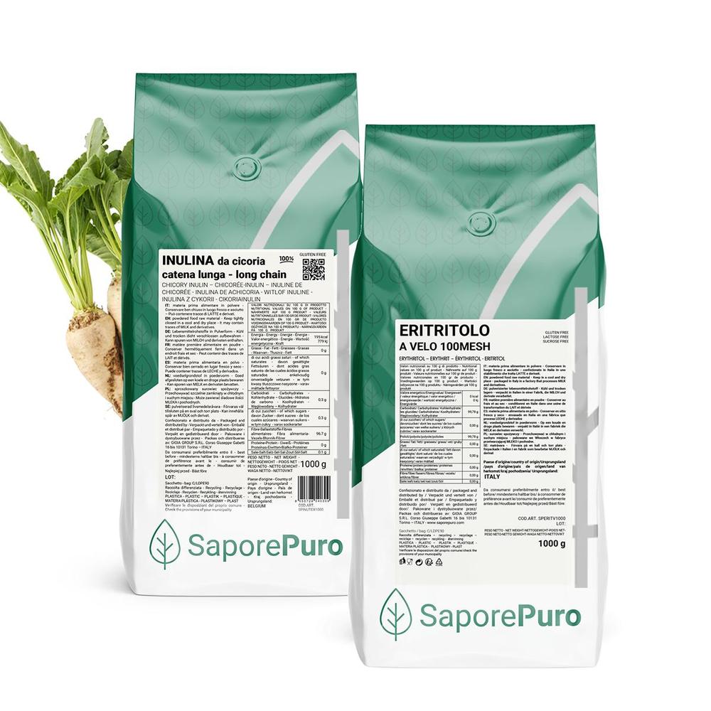 1kg package of SaporePuro fiber blend with erythritol and long-chain inulin, showcasing the white powdered ingredients in a clear container.
