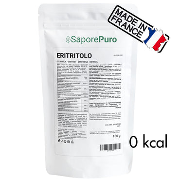 Sacchetto di eritritolo SaporePuro da 150g, dolcificante naturale a zero calorie, origine Francia, ideale per dolci e bevande.