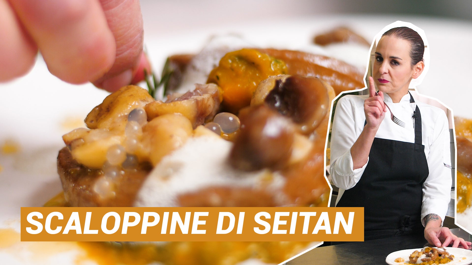 Vegan January! Quick and easy recipe of Seitan and Pumpkin Scaloppine with Air and Rosemary Spherification.