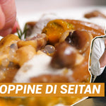 Vegan January! Quick and easy recipe of Seitan and Pumpkin Scaloppine with Air and Rosemary Spherification.