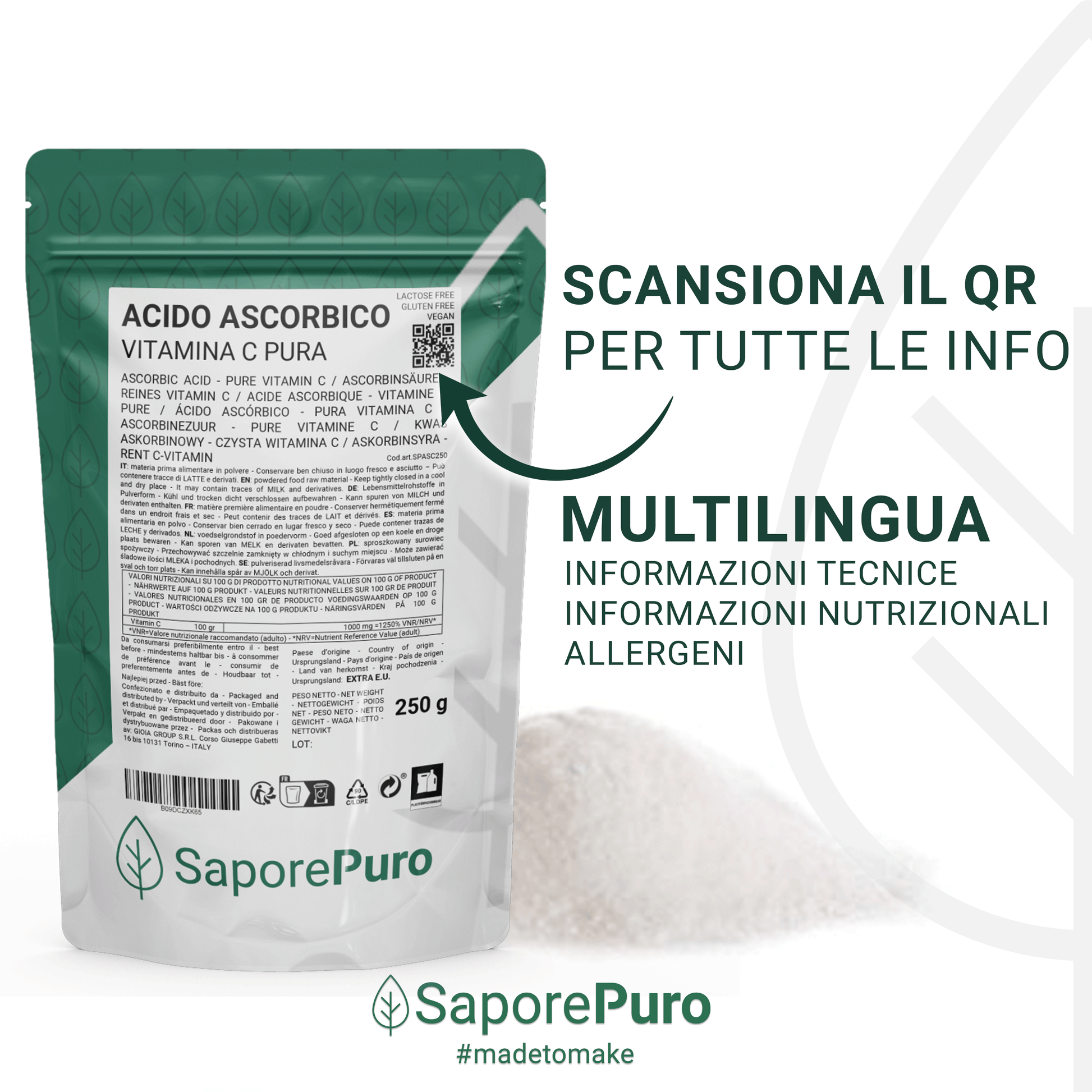 Ascorbic Acid - Vitamin C - (E300) - 1kg - Packaged in Italy - SaporePuro