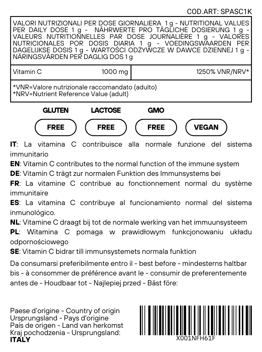 Ácido Ascórbico - Vitamina C Pura : ¡El Nutriente Esencial para tus Recetas! - (E300) - Envasado en Italia - SaporePuro