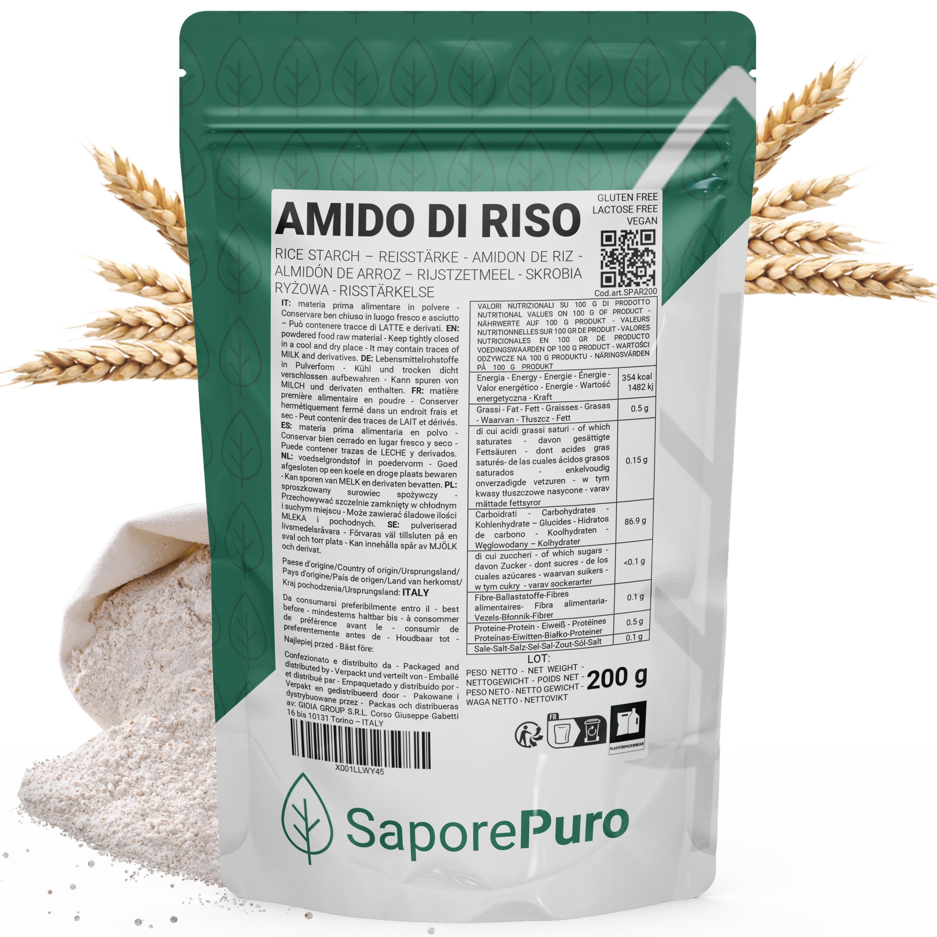 Almidón de arroz - 200gr - Almidón nativo 100% Origen Italia - SaporePuro