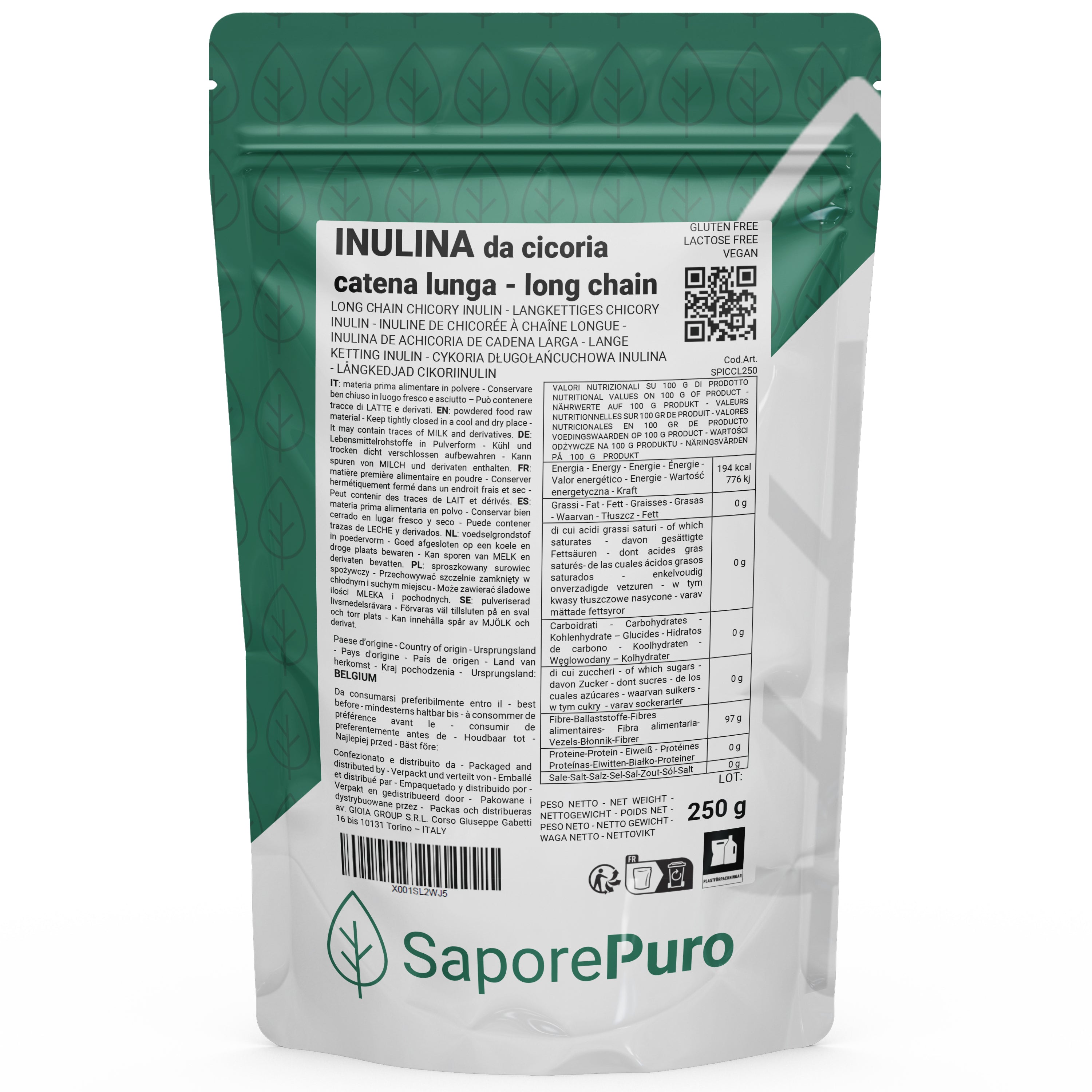 Inulina pura de cadena larga en polvo - 250gr - Origen Europa - SaporePuro