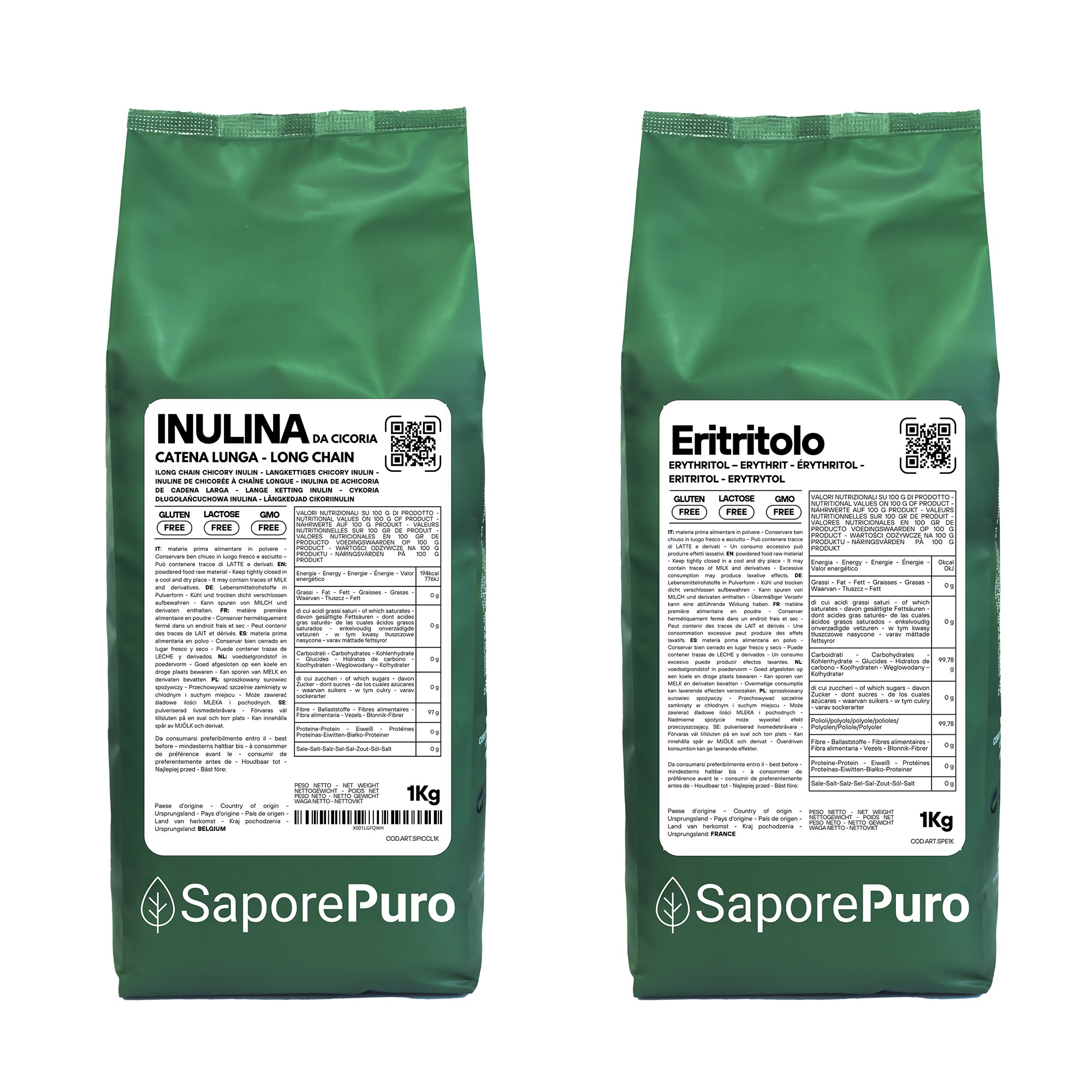 Inulina de cadena larga 1kg + Eritritol 1kg - Envase práctico - SaporePuro