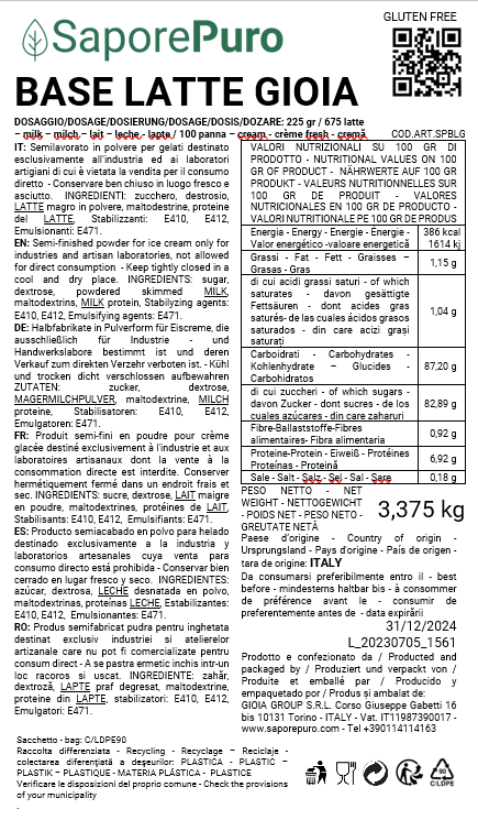 Gioia 300 Base de lait - 3.375kg - Base de crème glacée complète - SaporePuro - GelatoStore