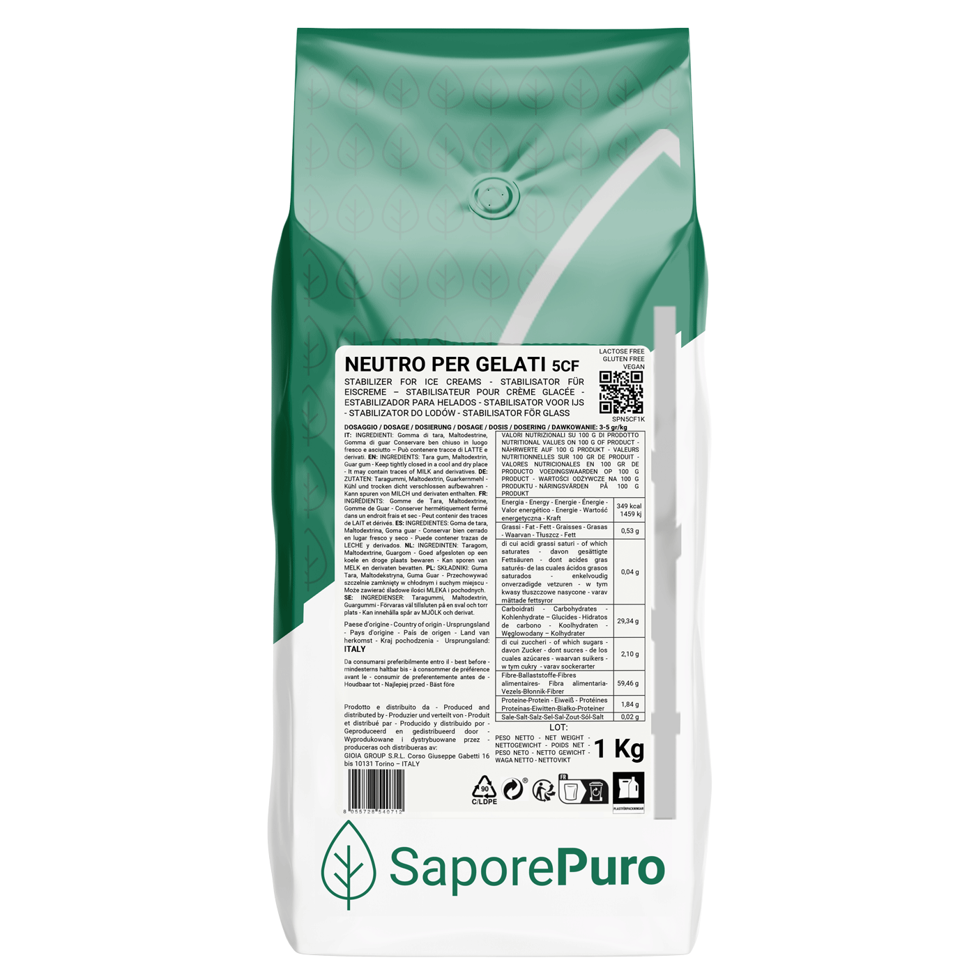 Neutro pour crème glacée 5CF - 1kg - Stabilisateur pour crème glacée MADE IN ITALY - Utilisation à chaud et à froid - SaporePuro